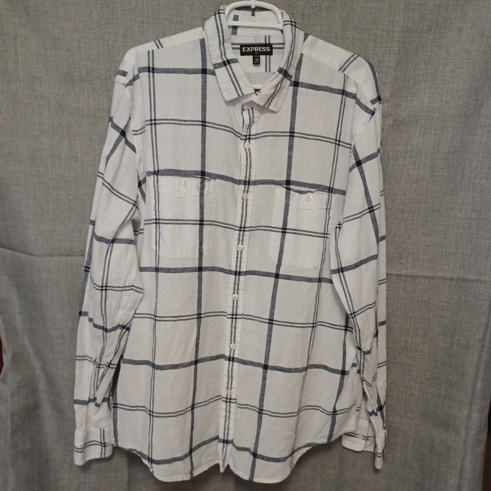 Express Mens XXL White Navy Blue Windowpane Plaid Long Sleeve Button Up Shirt